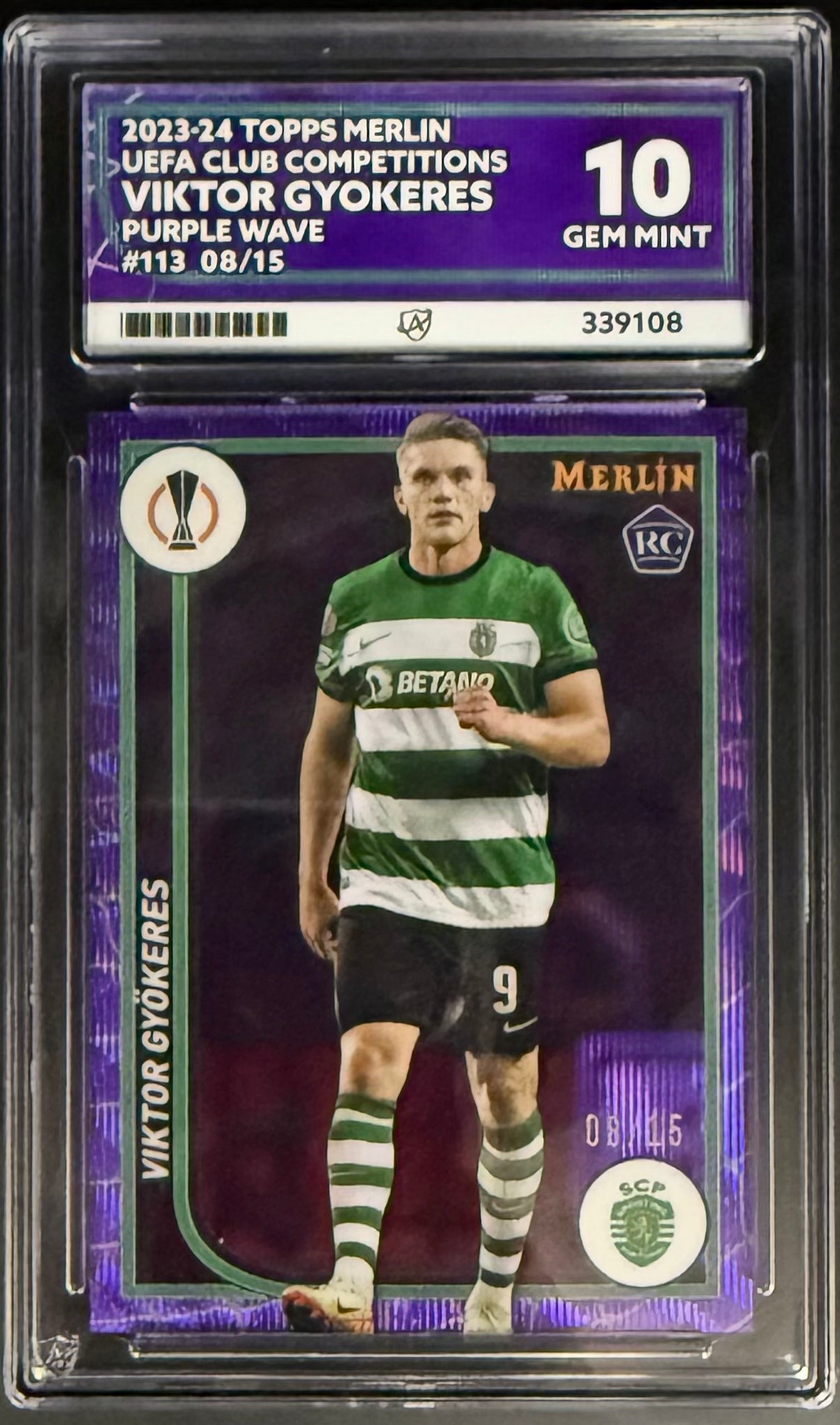 Topps Viktor Gyokeres Purple Wave Refractor /15 Merlin UEFA Club Competitions ACE GRADING 10