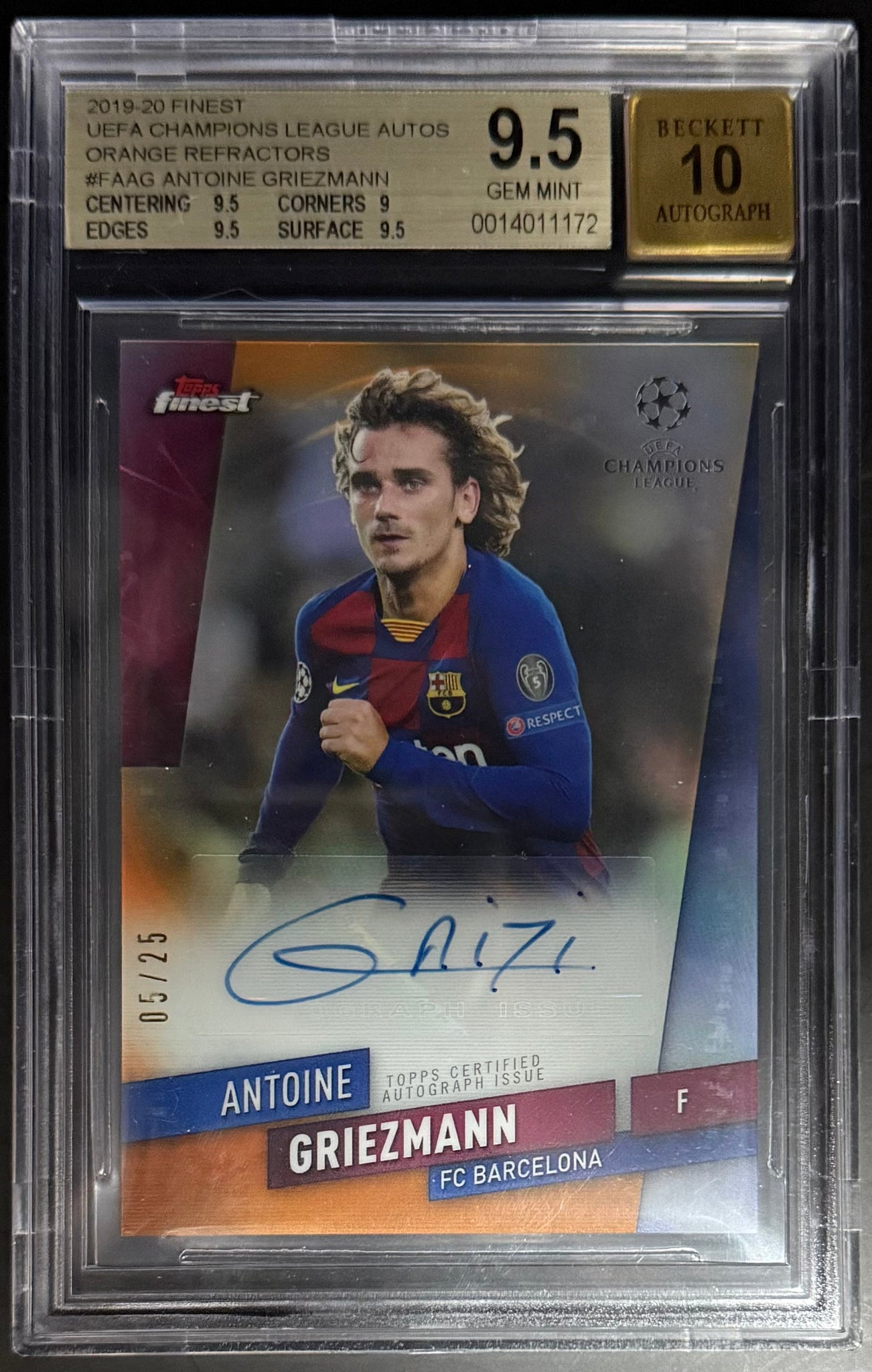 Topps Antoine Griezmann Orange Autograph Refractor /25 Finest UCL 2019-20 Beckett 9.5