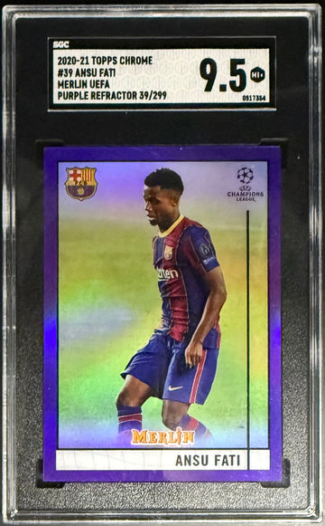 Topps Ansu Fati Purple Refractor /299 UEFA Chrome Merlin 2020-21 #39 SGC 9.5